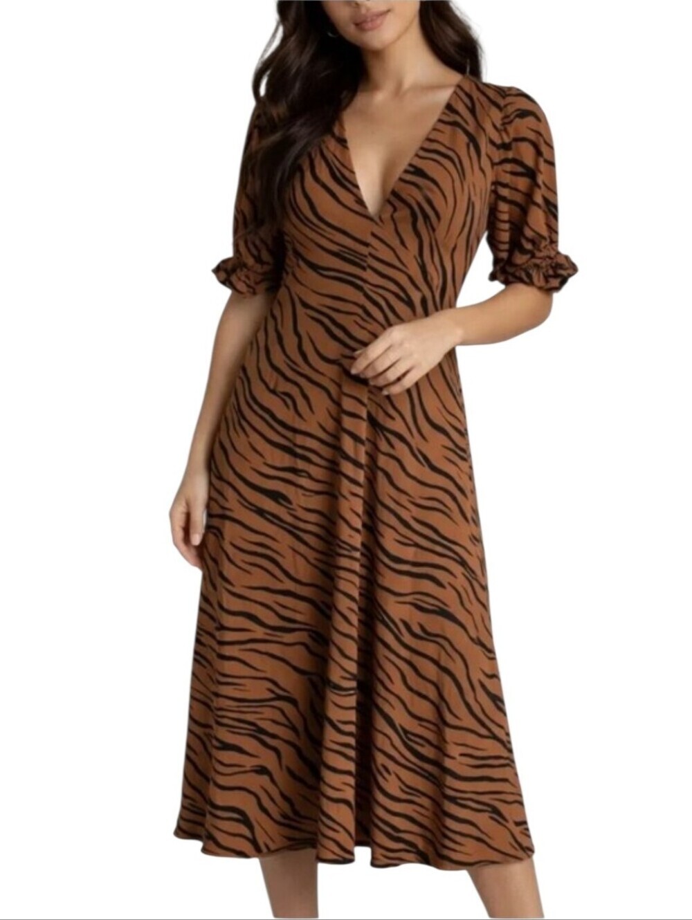 Faithfull The Brand Zebra Print Maxi Dress XS Brown Black Puff Sleeve VNeck Boho